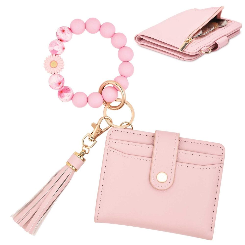 1871 Wristlet Wallets , Small Keychain Wallets Pink RFID Blocking Bifold